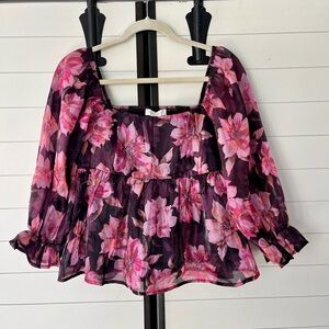 Floral Pink & Maroon Peplum Babydoll Blouse Size Large Flirty Feminine Girly